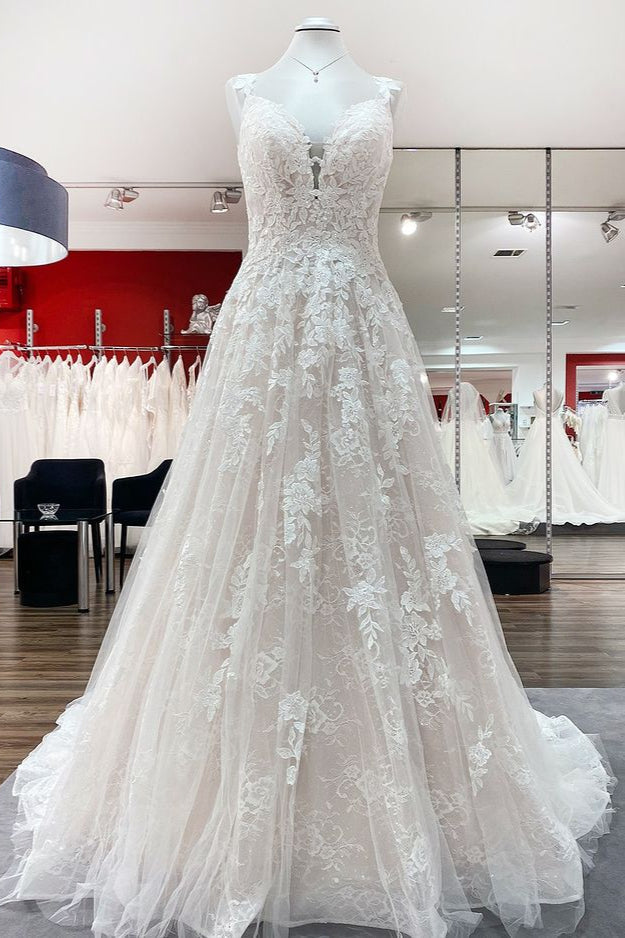 Beautiful Long A-line Tulle Lace V Neck Open Back Wedding Dresses Beautiful Long A-line Tulle Lace V Neck Open Back Wedding Dresses