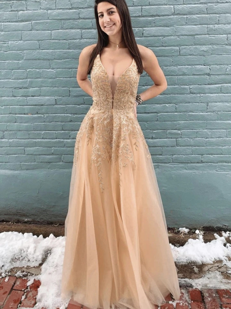 Beautiful Long A-line V-neck Tulle Backless Formal Prom Dresses BIZTUNNEL Beautiful Long A-line V-neck Tulle Backless Formal Prom Dresses BIZTUNNEL