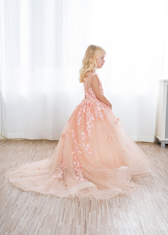 Beautiful Long Ball Gown Tulle Appliques Lace Flower girl dress-BIZTUNNEL
