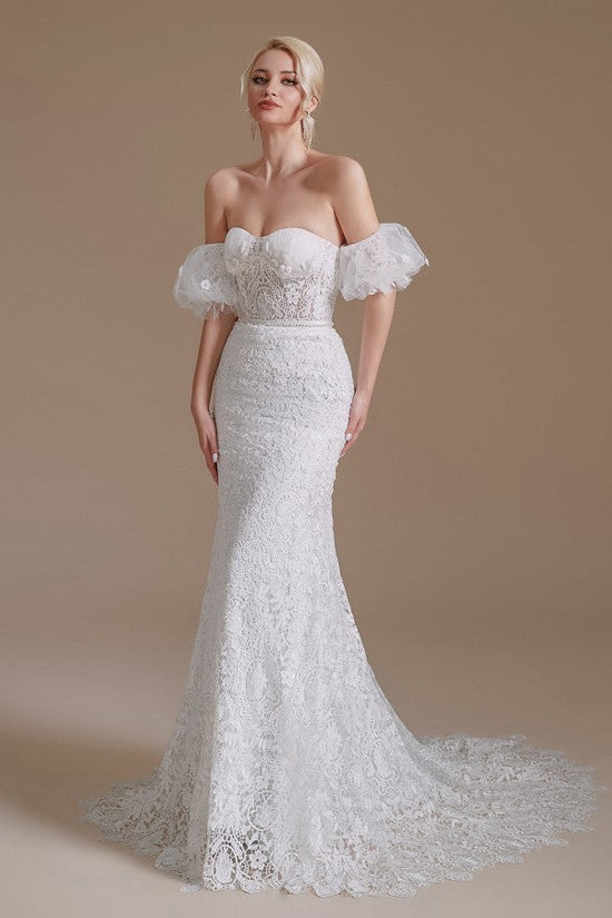 Beautiful Long Mermaid Sweetheart Lace Wedding Dresses with Detachable Sleeves-BIZTUNNEL