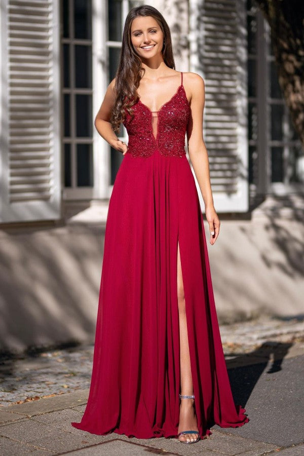 simple backless wedding dress Red Chiffon One Shoulder Sexy Slit A-line Bridesmaid Prom Dress main image 0