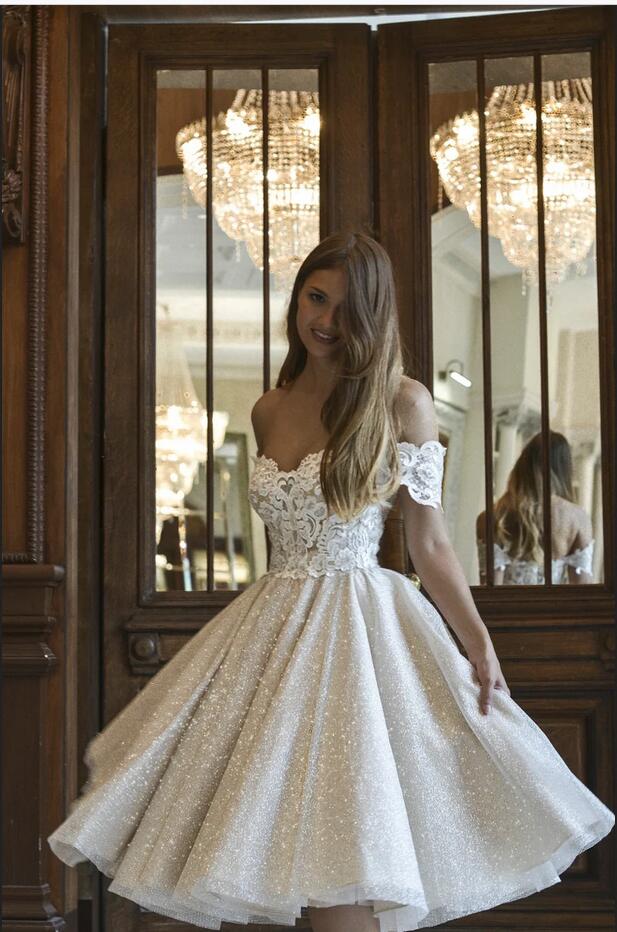 Beautiful Short A-line Glitter Off-the-Shoulder Lace Appliques Wedding Dress Beautiful Short A-line Glitter Off-the-Shoulder Lace Appliques Wedding Dress
