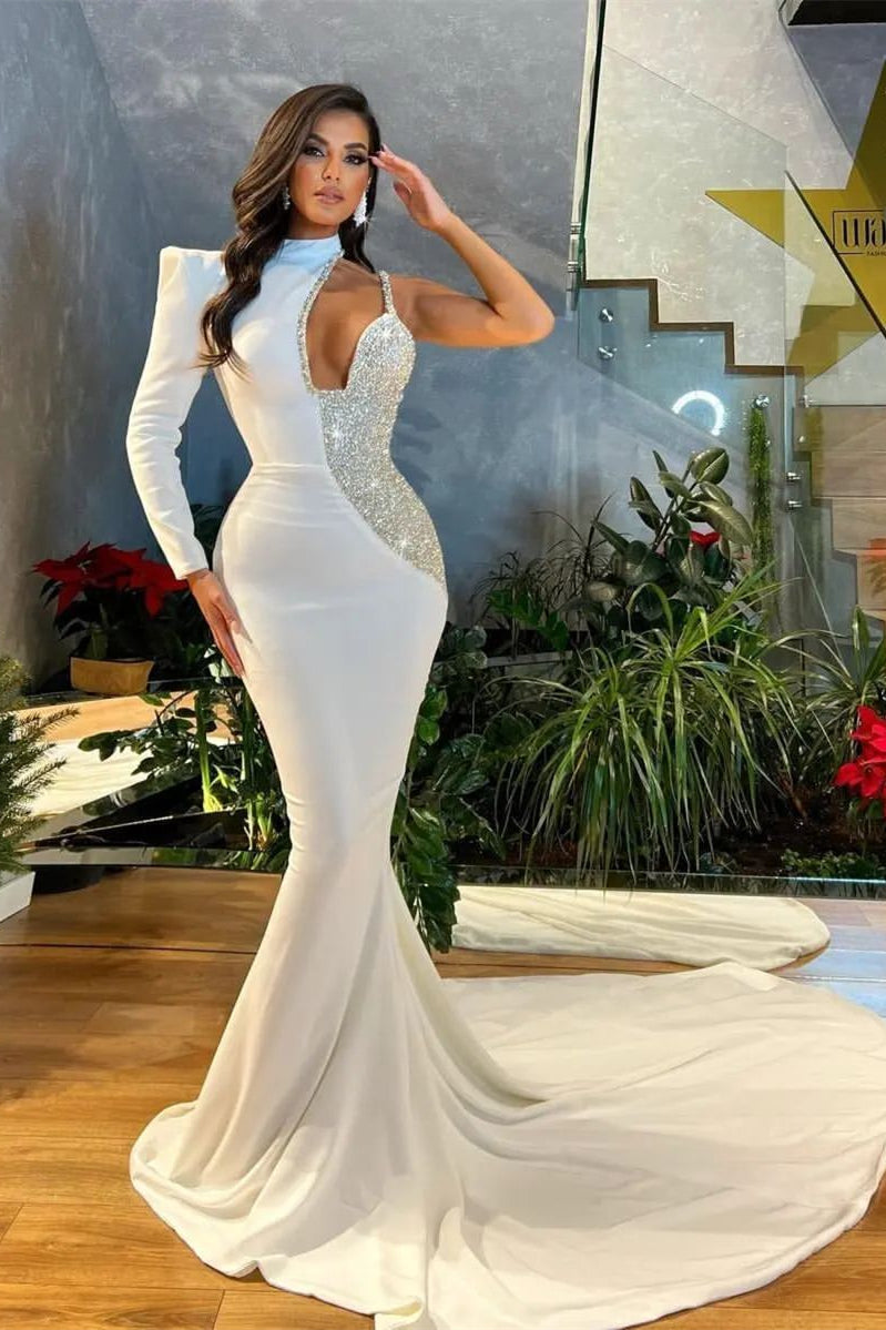 white prom dress one shoulder Beautiful White Cut Out One Shoulder Long Sleeves Mermaid Evening Dres – BIZTUNNEL