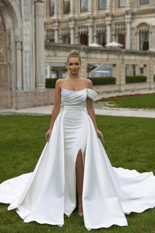mermaid one shoulder wedding dress Biztunnel Fabulous Long Mermaid One Shoulder Chapel Train Satin Wedding Dress with Ruffles