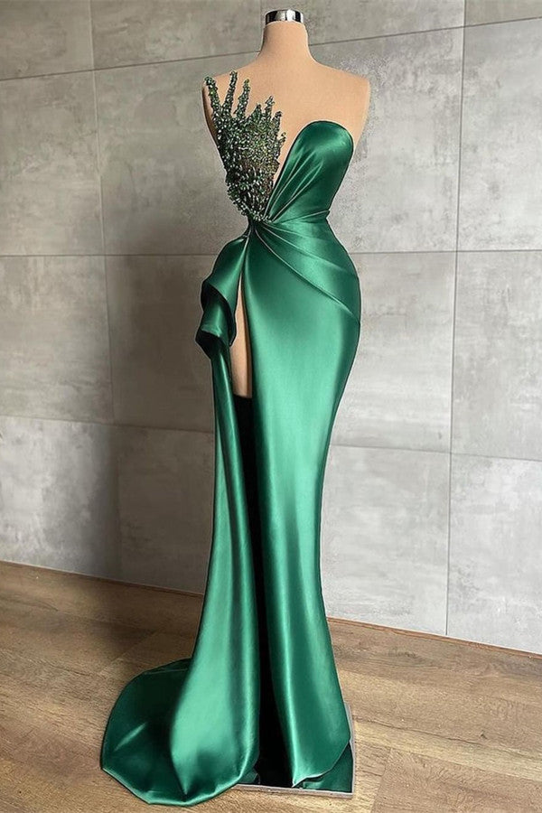 fitted lace wedding dress Biztunnel Green Long Mermaid Sweetheart Satin Beads Prom Dress with Slit