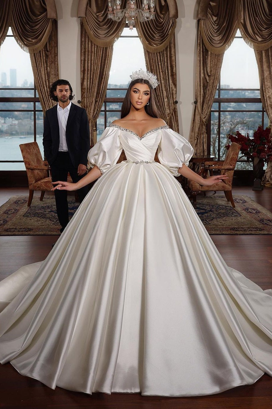 Biztunnel Ivory Long Ball Gown Off the Shoulder Satin Wedding Dress With Sleeves Biztunnel Ivory Long Ball Gown Off the Shoulder Satin Wedding Dress With Sleeves