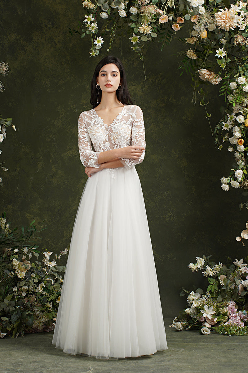 white christmas dresses A-Line Chiffon Wedding Dress,Illusion Neckline Beach Wedding Dress,WD01064, US24W / White main image 1