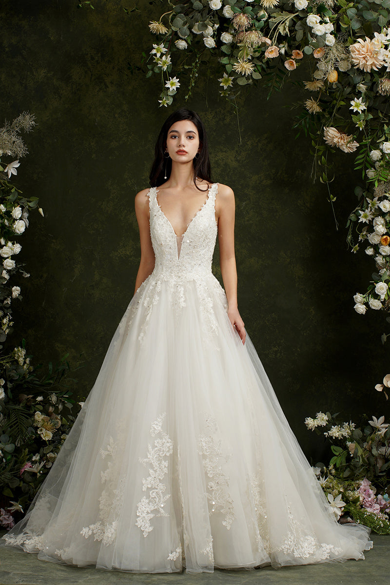 Biztunnel Long A-Line V-Neck Tulle Lace Backless Wedding Dresses Biztunnel Long A-Line V-Neck Tulle Lace Backless Wedding Dresses