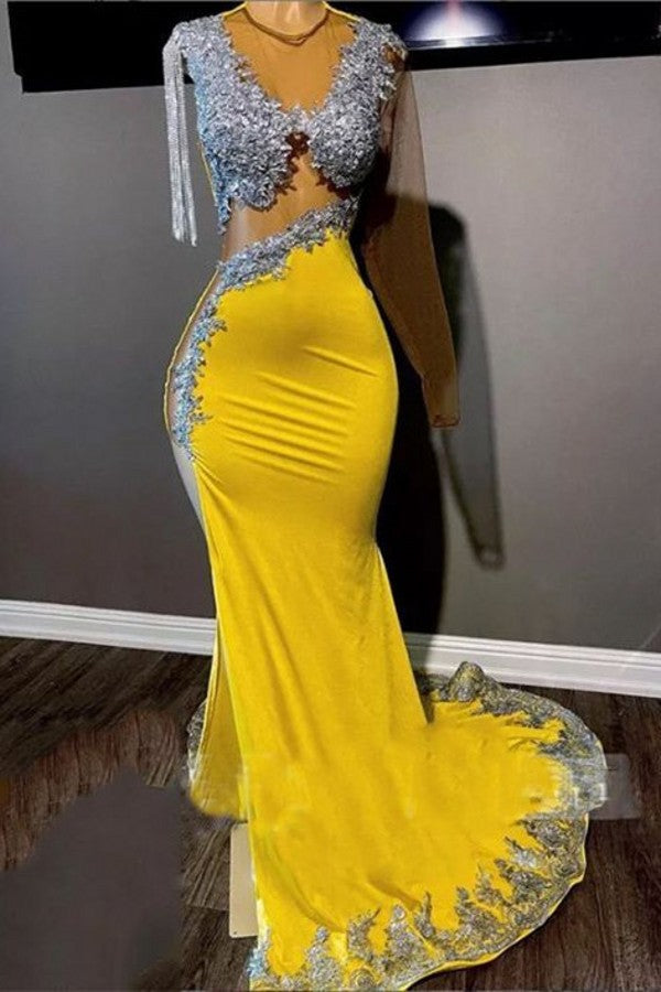 yellow mermaid prom dresses 2020 Biztunnel Yellow Long Mermaid Jewel Tulle Satin Prom Dress with Sleeves
