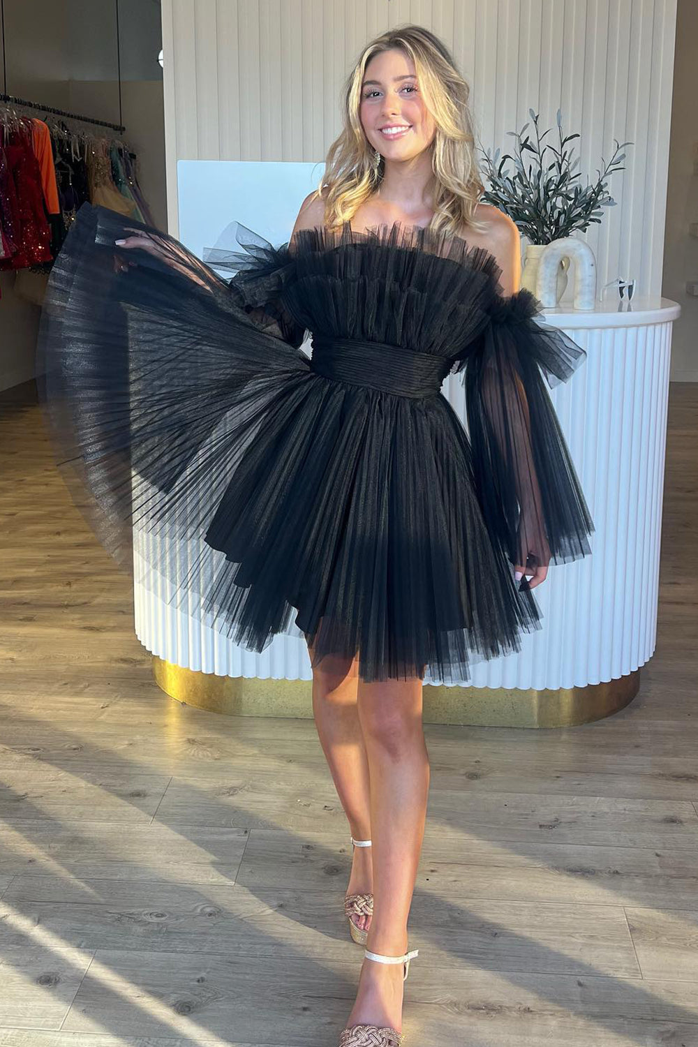 Black A-Line Detachable Long Sleeves Tulle Short Homecoming Dress Black A-Line Detachable Long Sleeves Tulle Short Homecoming Dress