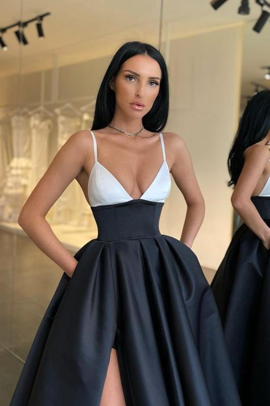 Black and White Long A-line V-neck Spaghetti Straps Prom Dress with Sl – BIZTUNNEL