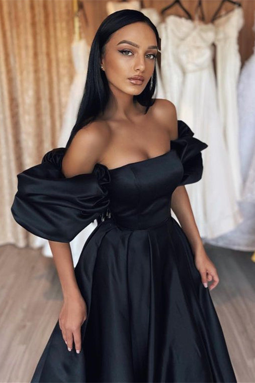 Elegant Black Mermaid Prom Dress with Bubble Sleeves and Strapless Design main image 1