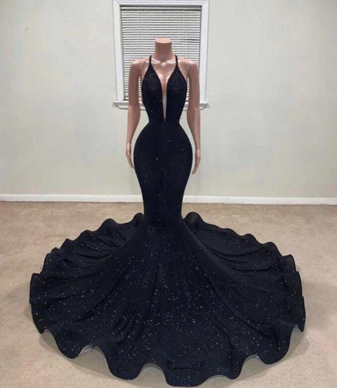 black halter mermaid dress Black Halter Long V-neck Mermaid Formal Prom Dress – BIZTUNNEL