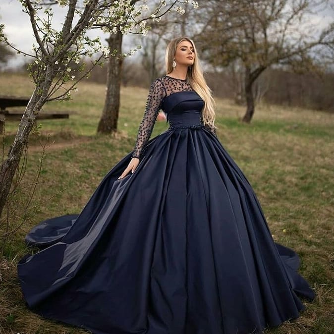 Black Long A-Line Bateau Satin Prom Dress with Sleeves