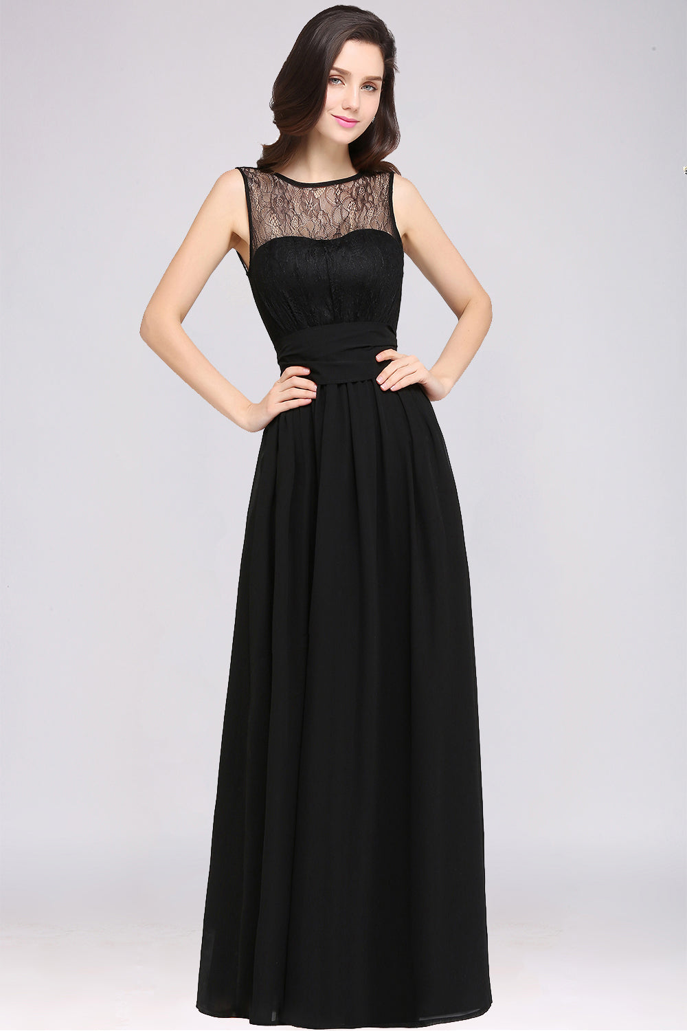 Black Long A-Line Chiffon Lace Jewel Sleeveless Bridesmaid Dresses Black Long A-Line Chiffon Lace Jewel Sleeveless Bridesmaid Dresses