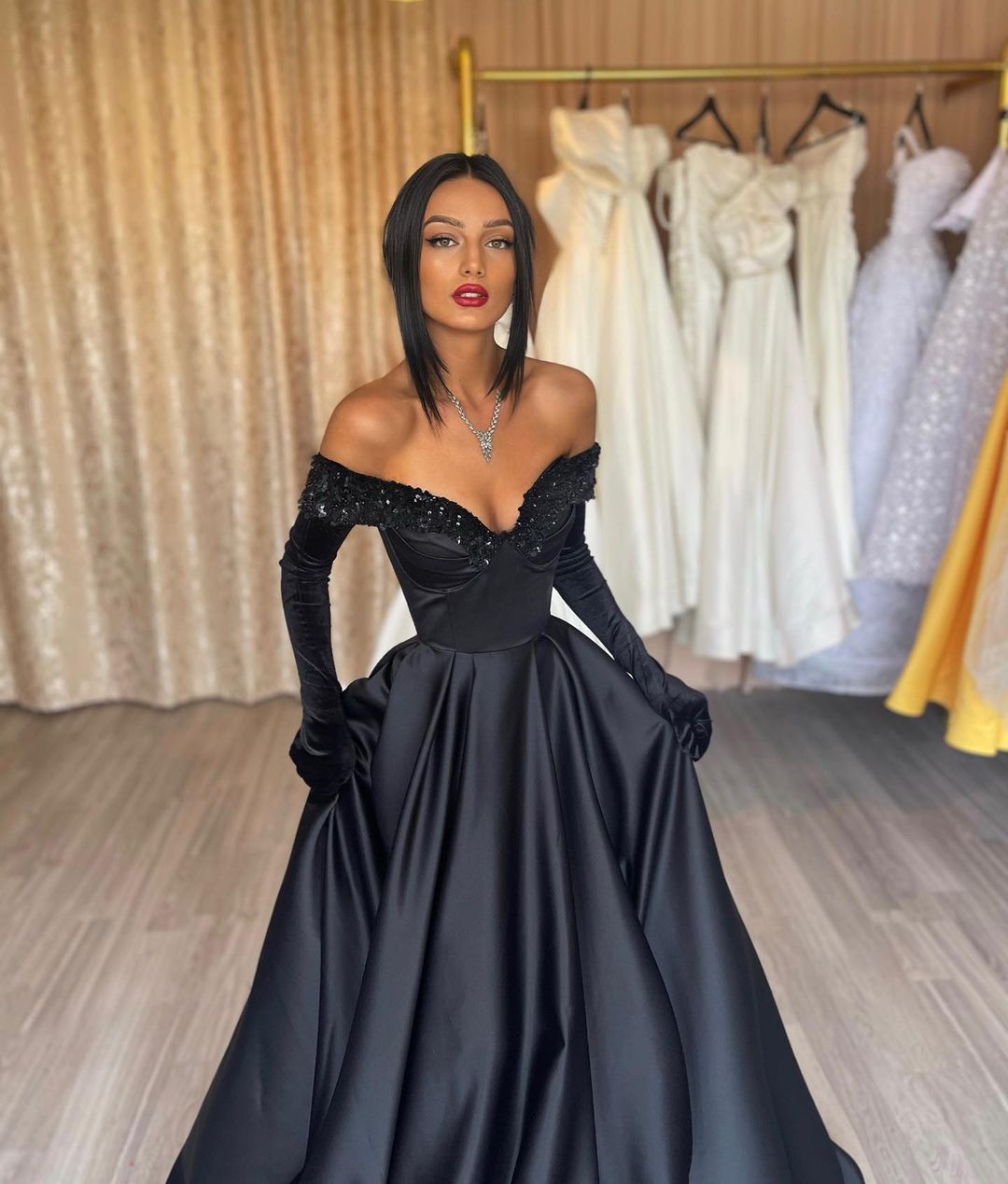 green emerald velvet dress Black Long A Line Off The Shoulder Satin Prom Dress with Gloves