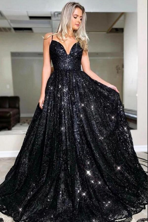 Black Long A-line Sweetheart Open Back Glitter Prom Dress BIZTUNNEL Black Long A-line Sweetheart Open Back Glitter Prom Dress BIZTUNNEL