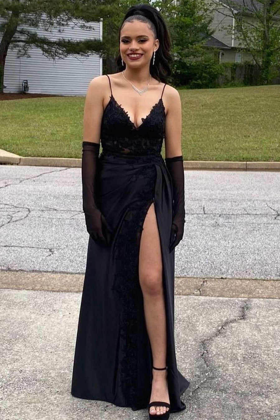 Black Long A-line V-neck Spaghetti Straps Lace Satin Formal Prom Dress With Slit Black Long A-line V-neck Spaghetti Straps Lace Satin Formal Prom Dress With Slit