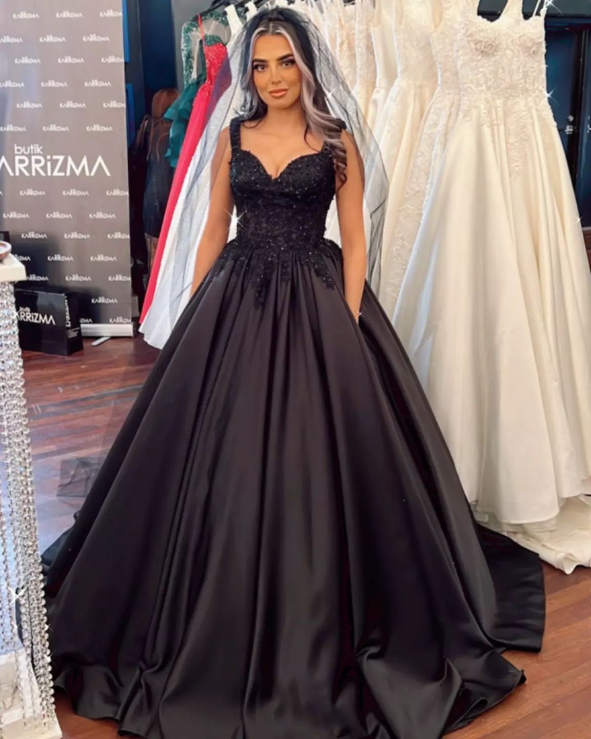 Black Long Ball Gown Sweetheart Satin Ruffles Wedding Dress – BIZTUNNEL