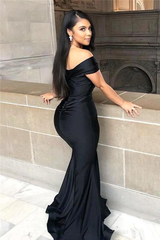 Black Long Mermaid Off-The-Shoulder Backless Prom Dress