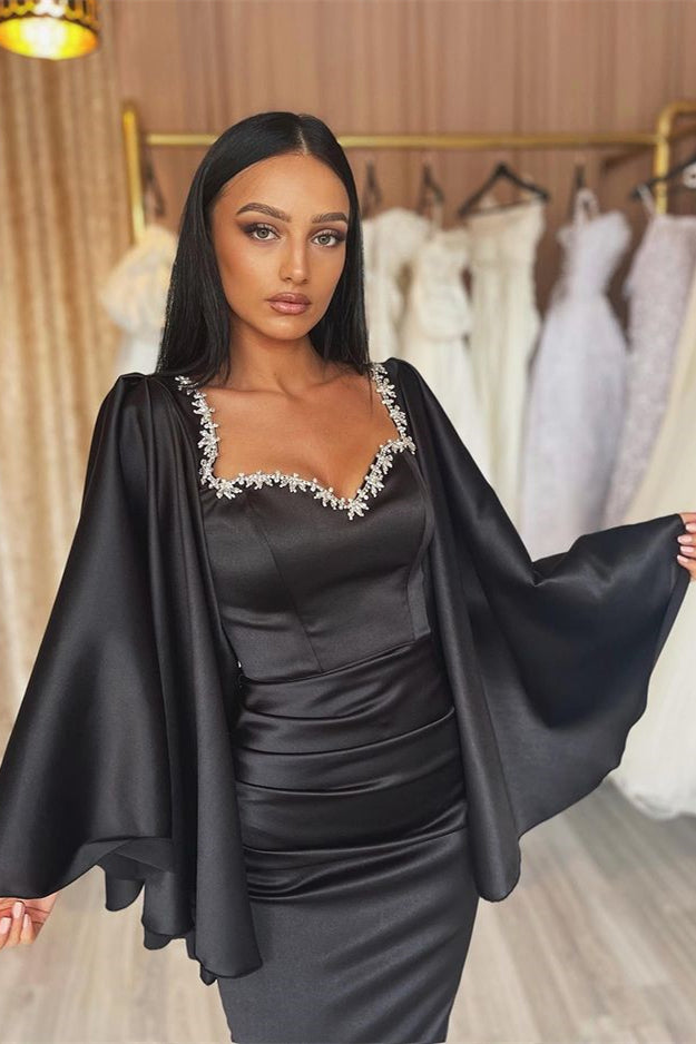 off the shoulder black dress prom Black Long Off the Shoulder Mermaid Satin Prom Dress with Sleeves