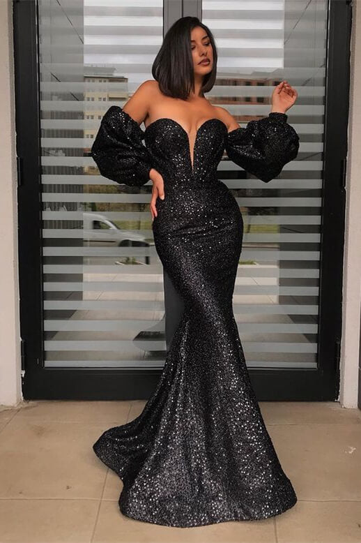 open lace back dress Black Sequin Mermaid Long Sleeve Mermaid Evening Prom Dress Long Prom –  Hoprom