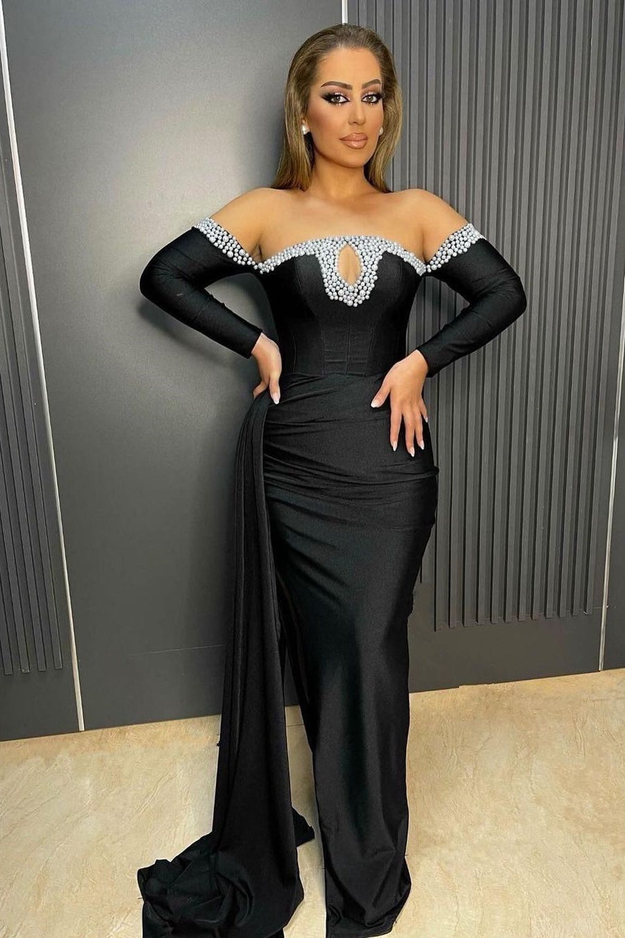 Black Long Sleeves Mermaid Off the Shoulder Satin Beads Formal Prom Dr BIZTUNNEL Black Long Sleeves Mermaid Off the Shoulder Satin Beads Formal Prom Dr BIZTUNNEL