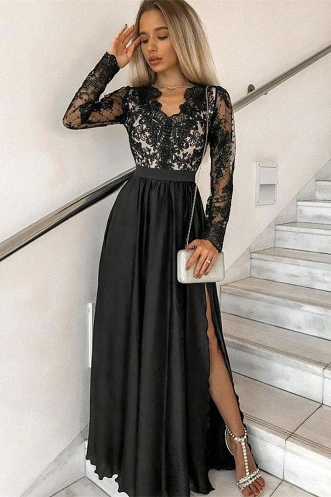 Black Long Sleeves A-line V-neck Split Chiffon Evening Dresses – BIZTUNNEL