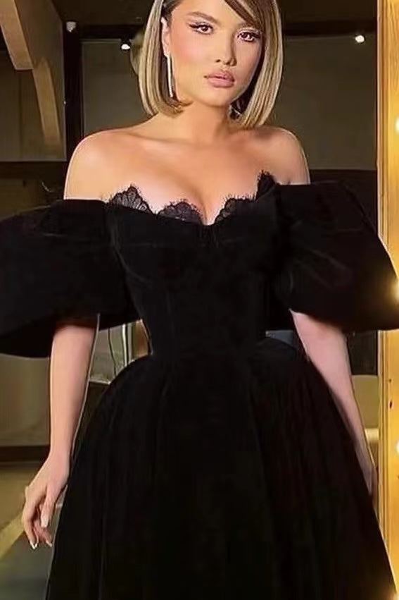 Black Off-The-Shoulder Bubble Sleeves Short A-line Velvet Prom Dress   BIZTUNNEL
