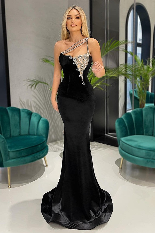 Black One Shoulder Mermaid Long Satin Prom Dress with Beads – BIZTUNNEL