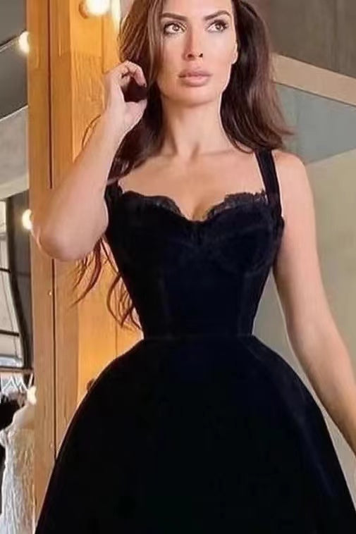 Black Short A-line Velvet Spaghetti Strap Sweetheart Prom Dress BIZTUNNEL Black Short A-line Velvet Spaghetti Strap Sweetheart Prom Dress BIZTUNNEL
