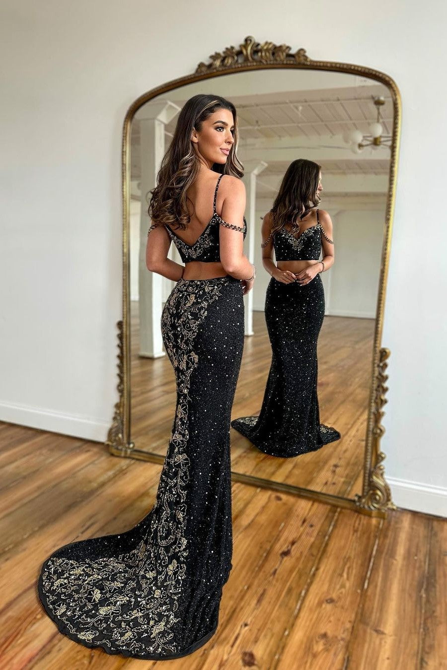 Black Spaghetti Strap Two Pieces Long Mermaid Evening Dress with Beads – BIZTUNNEL