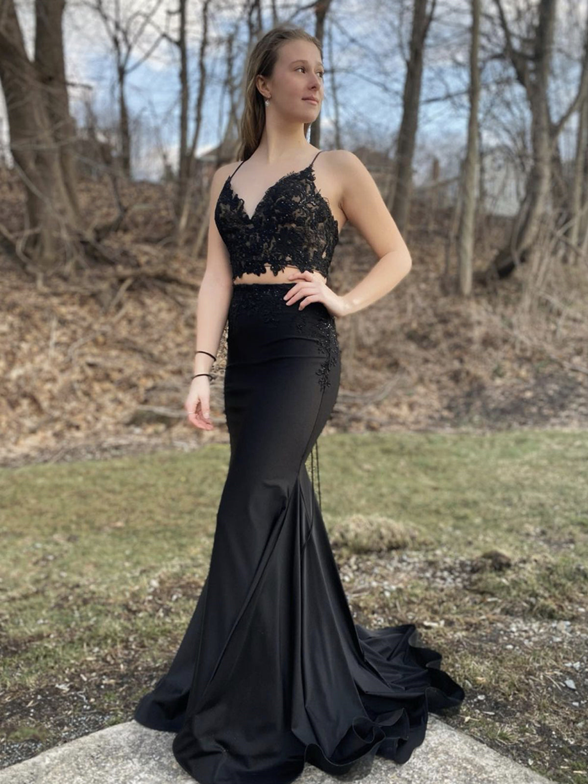 Black Two Piece Long Mermaid V Neck Lace Satin Graduation Prom Dresses Black Two Piece Long Mermaid V Neck Lace Satin Graduation Prom Dresses