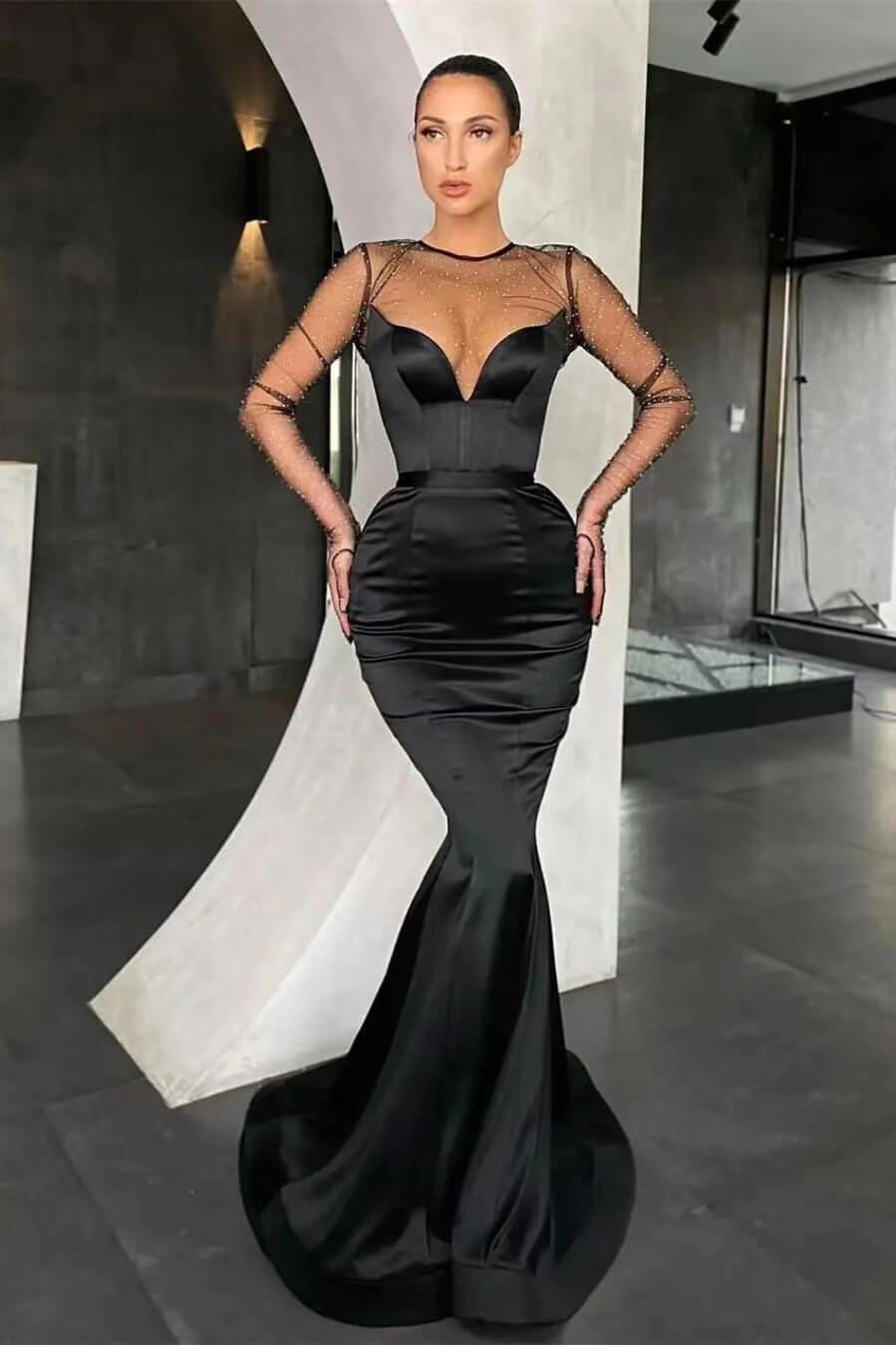 Black V-Neck Long Sleeves Mermaid Satin Prom Dress with Beads Black V-Neck Long Sleeves Mermaid Satin Prom Dress with Beads