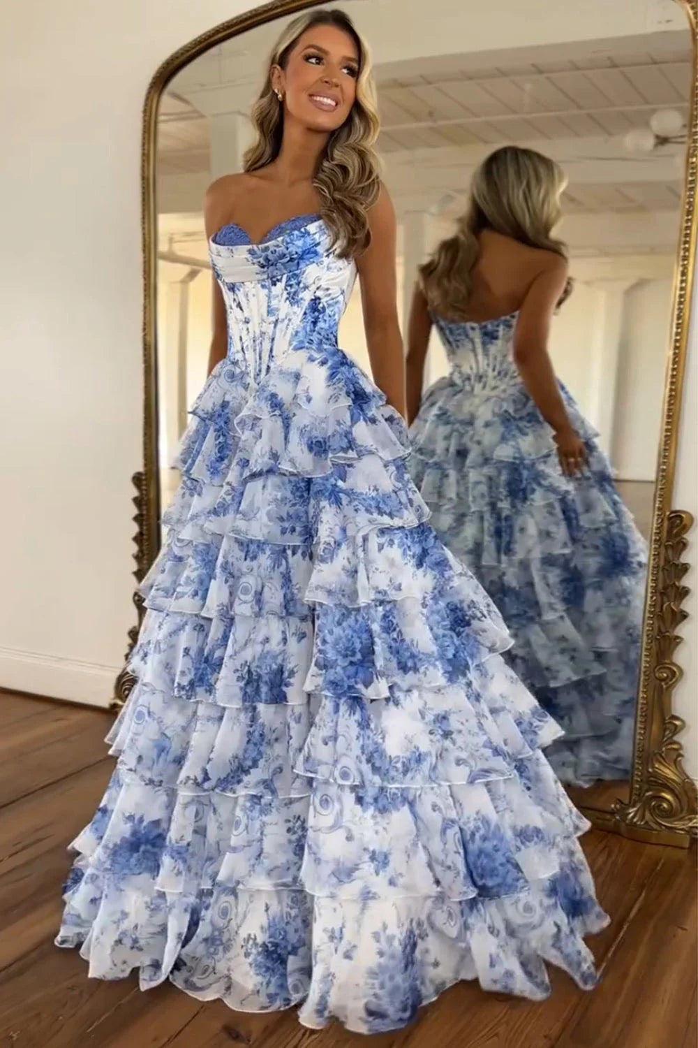 blue and white floral prom dress Blue Corset Strapless Silk Chiffon Floral Prom Dress
