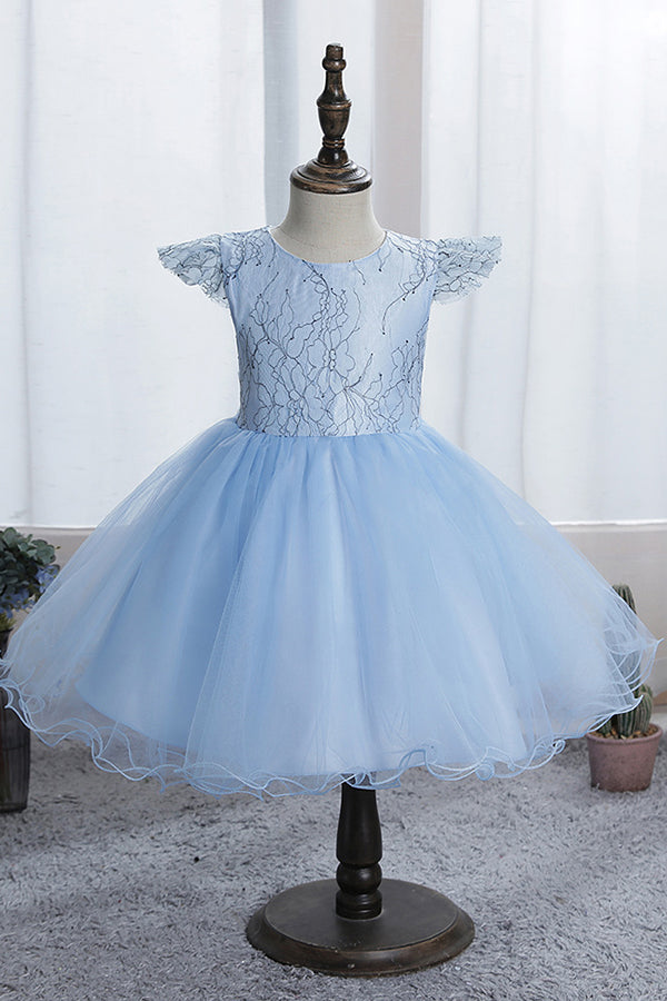 Blue Short Ball Gown Scoop Tulle Lace Flower Girl Dresses with Cap Sleeve