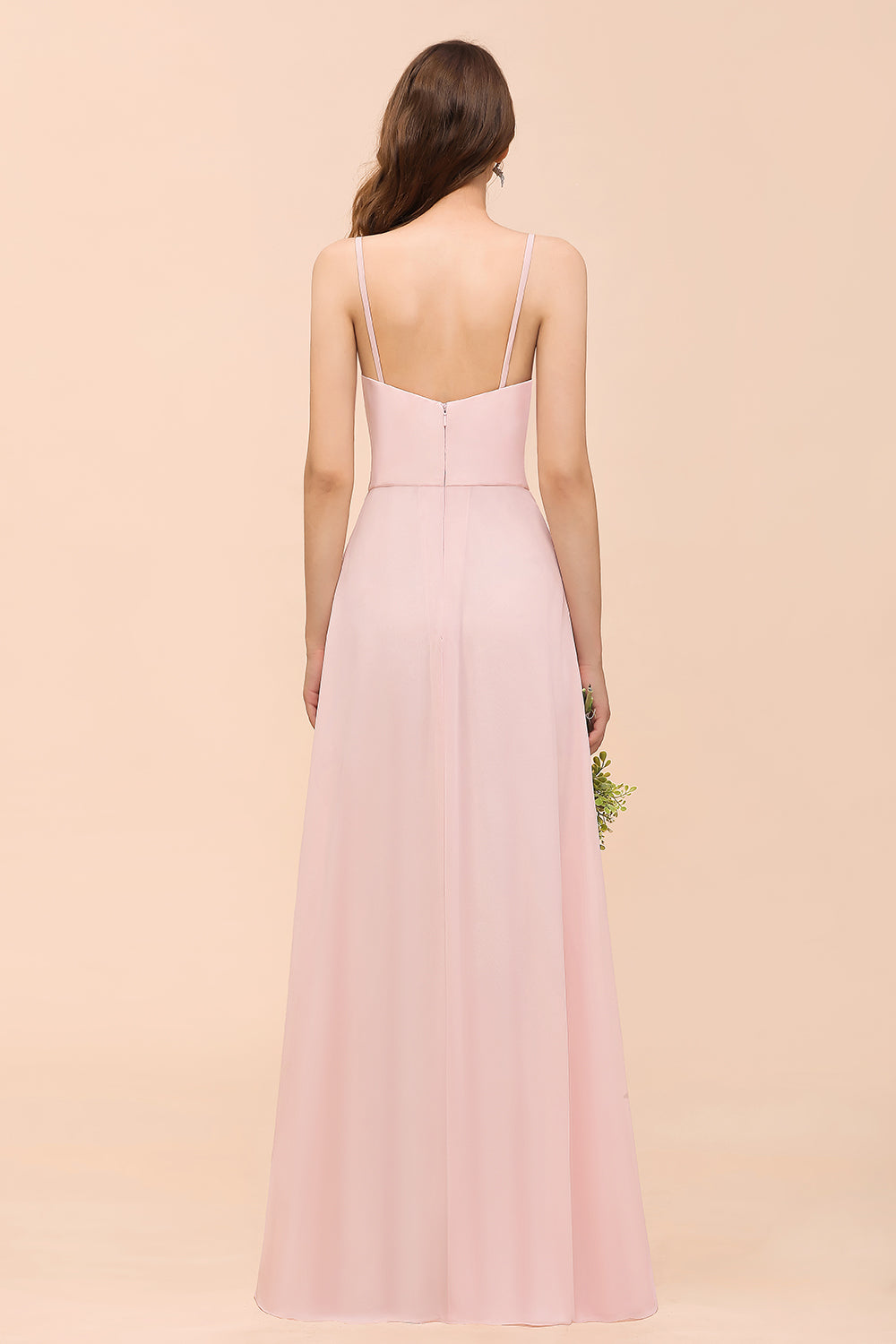 Blushing Pink Long A-line V-neck Spaghetti Straps Chiffon Bridesmaid D –  BIZTUNNEL