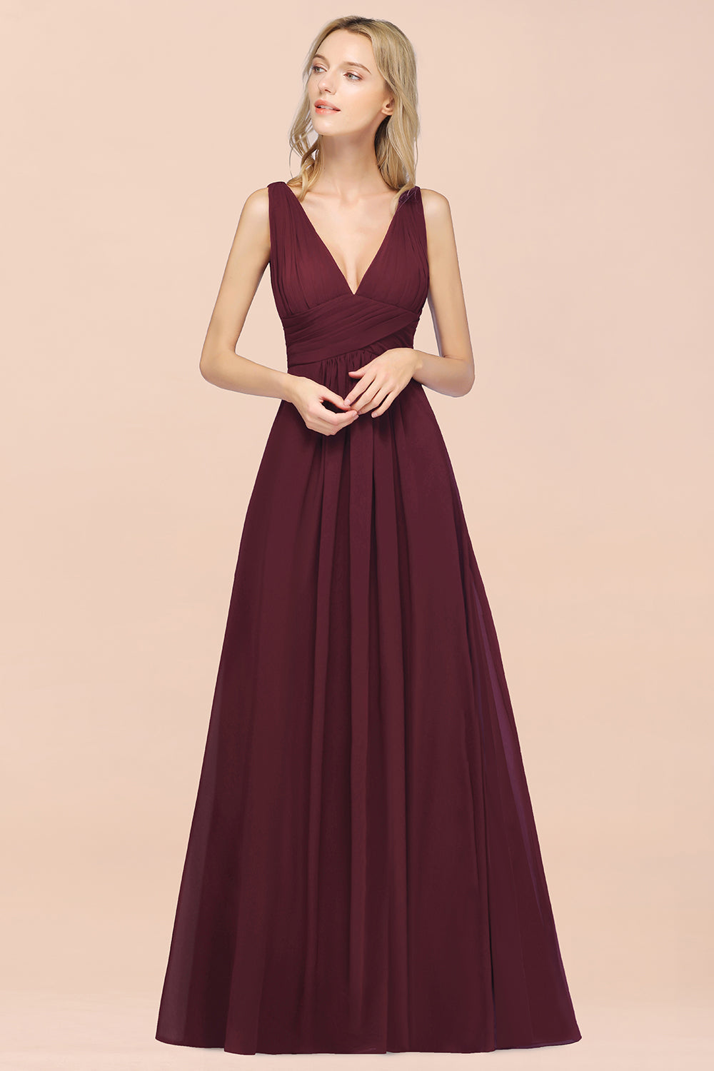 Burgundy A-Line Chiffon V-Neck Long Bridesmaid Dress with Ruffle Burgundy A-Line Chiffon V-Neck Long Bridesmaid Dress with Ruffle