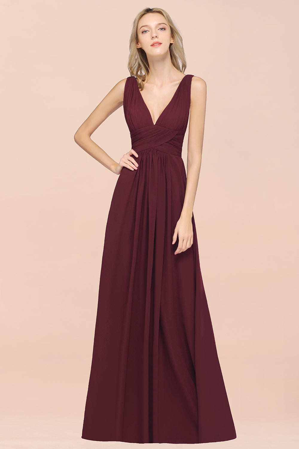 Burgundy A-Line Chiffon V-Neck Long Bridesmaid Dress with Ruffle Burgundy A-Line Chiffon V-Neck Long Bridesmaid Dress with Ruffle