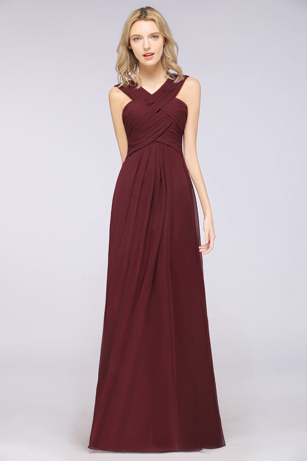 Burgundy A-Line Chiffon V-Neck Straps Long Bridesmaid Dress with Ruffl BIZTUNNEL Burgundy A-Line Chiffon V-Neck Straps Long Bridesmaid Dress with Ruffl BIZTUNNEL