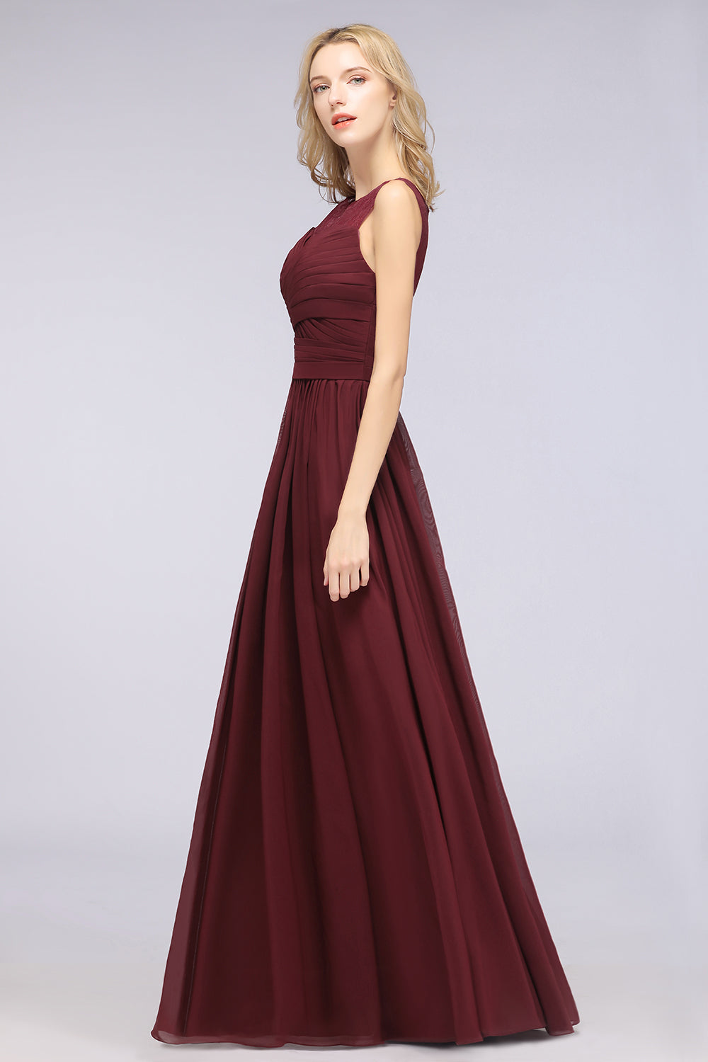 blue dress for baby girl Burgundy Long A-Line Chiffon Tulle Lace Bridesmaid Dress with Ruffle