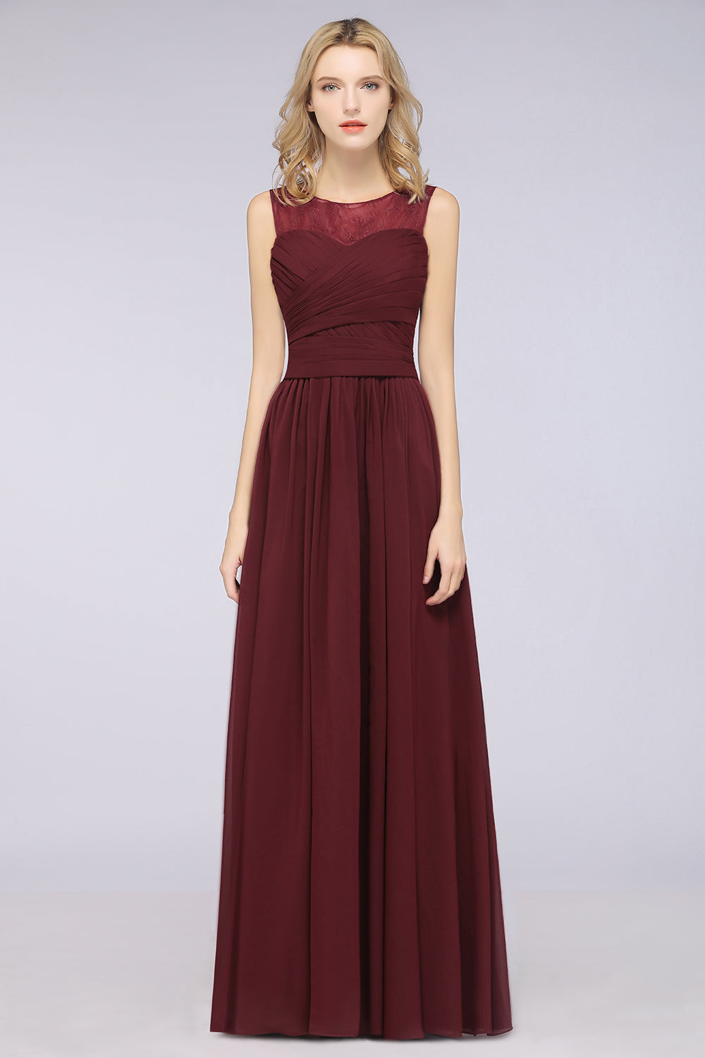 A-Line Lace Applique Chiffon Tea-Length Dress Burgundy main image 1