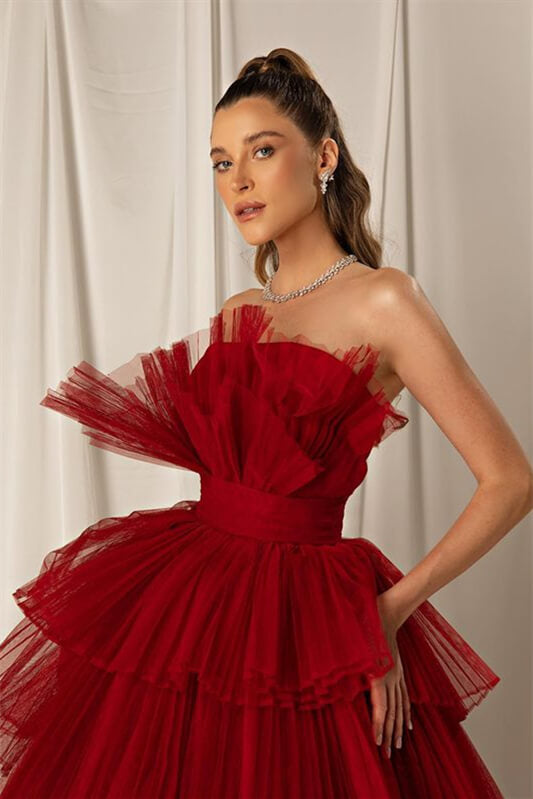 Burgundy Long A-line Strapless Sleeveless Tulle Prom Dresses with Layers Burgundy Long A-line Strapless Sleeveless Tulle Prom Dresses with Layers