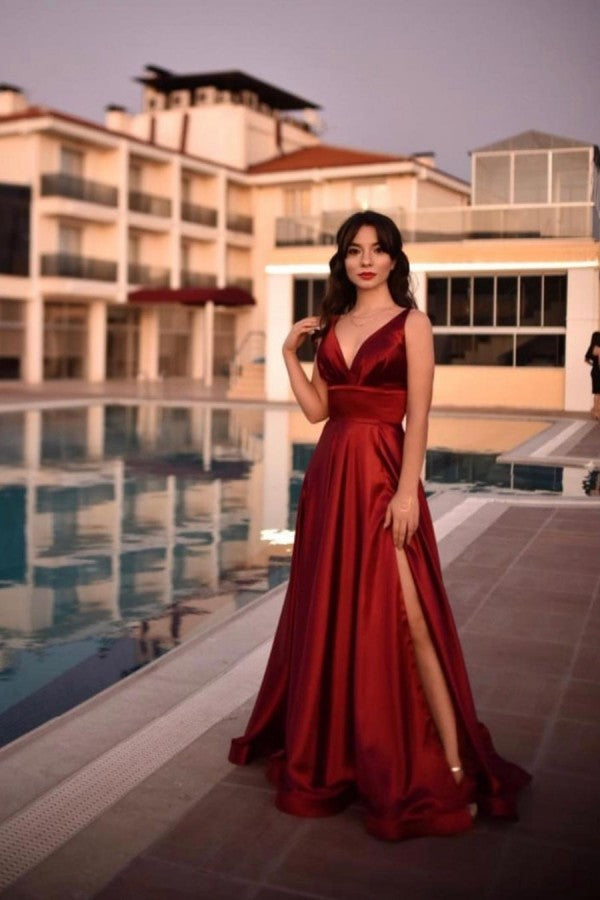 Burgundy Long A-Line V-Neck Backless Prom Dress with Slit
