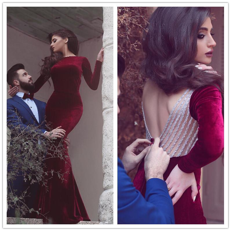 kerri formal velvet mermaid dress Burgundy Long Mermaid Backless Velvet Formal Prom Dress with Sleeves