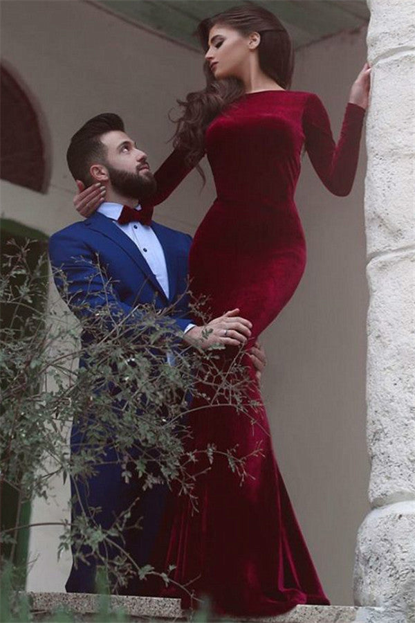 Burgundy Mermaid Long Prom Dress Velvet Formal Gown main image 1