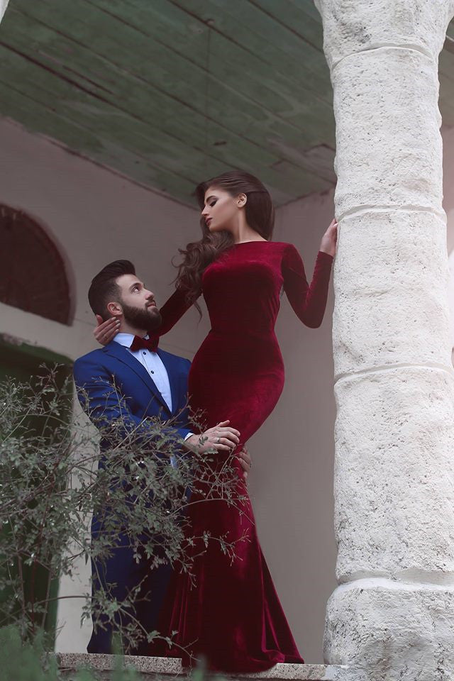Burgundy Long Mermaid Backless Velvet Formal Prom Dress with Sleeves –  BIZTUNNEL