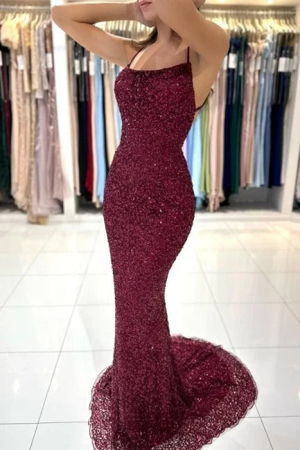 Burgundy Long Mermaid Sequined Backless Formal Prom Dresses  BIZTUNNEL