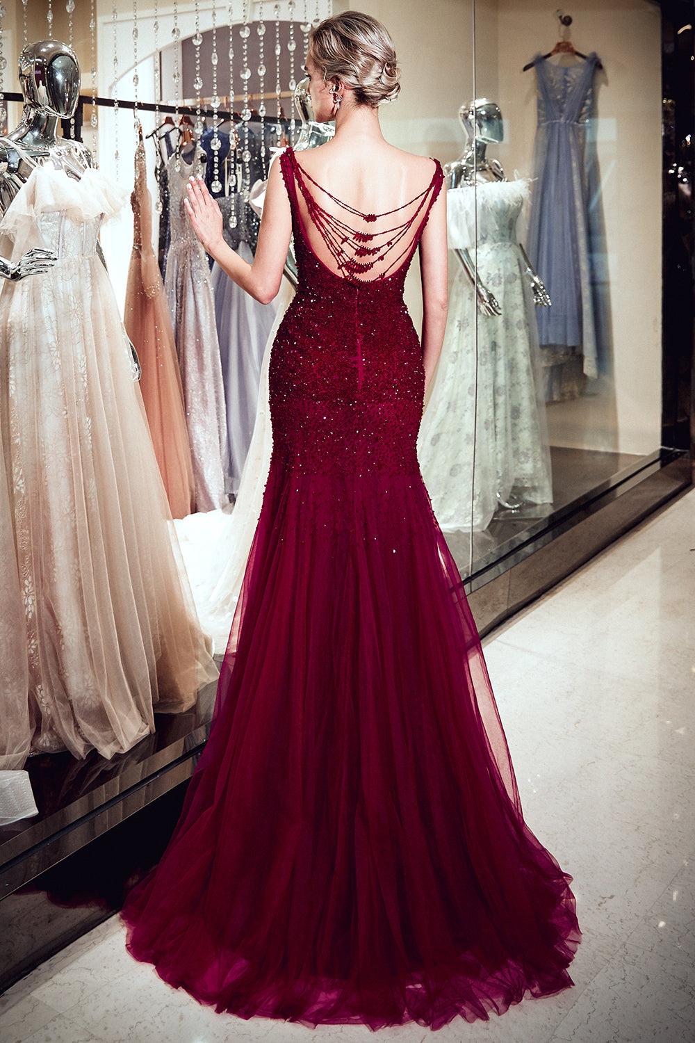 Mermaid Elegant Evening Dresses with Burgundy Sequins main image 1