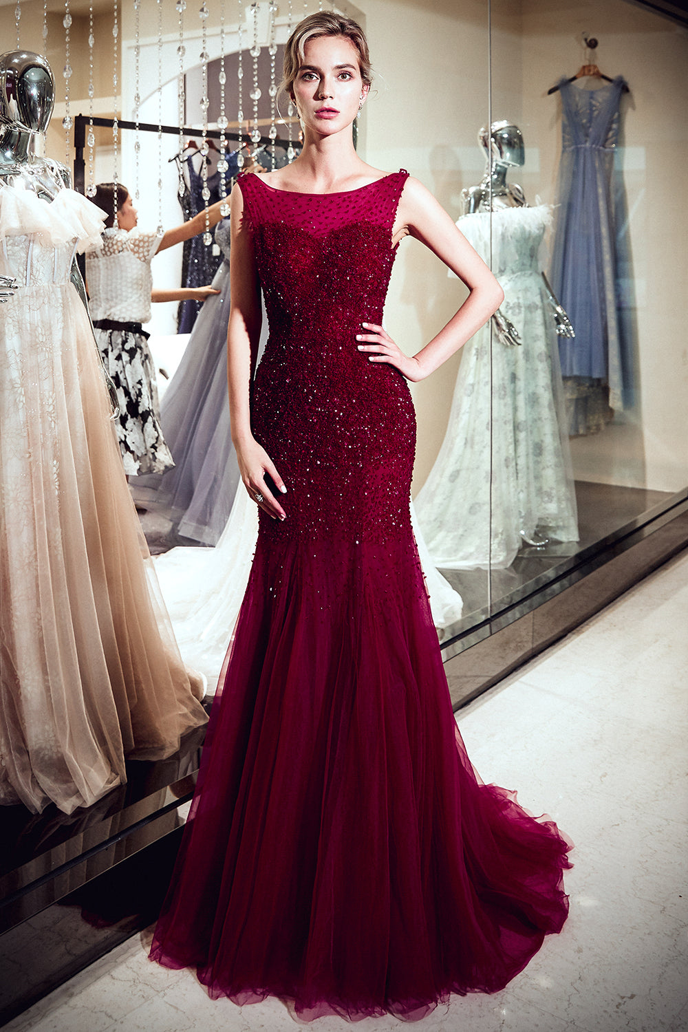 Burgundy Long Mermaid Tulle Sequined Evening Dresses  BIZTUNNEL